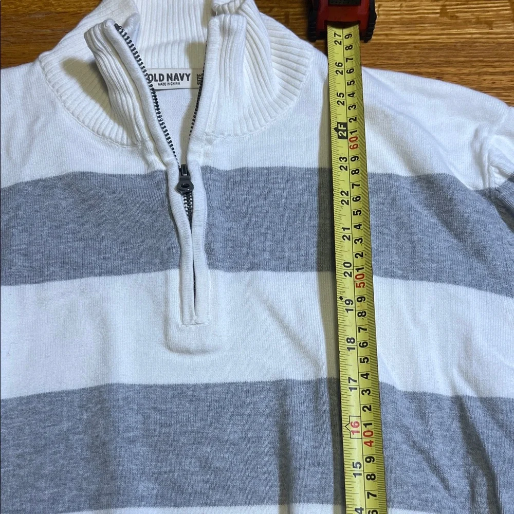Old Navy Men Large Gray White Stripe Quarter Zip Mock‎ Neck Long Sleeve Sweater